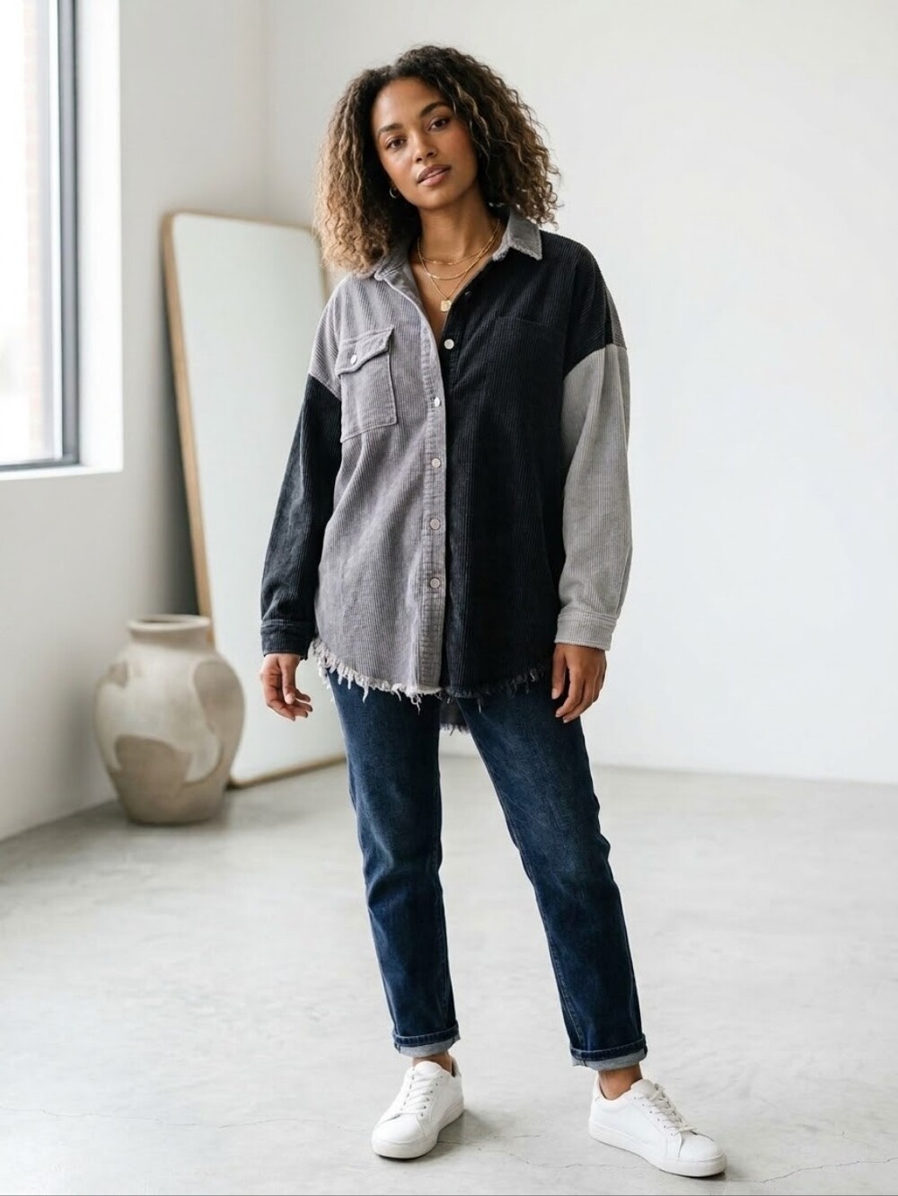 POL SMJ183 Colorblock Corduroy Shacket Women’s Oversized Distressed Sz Small